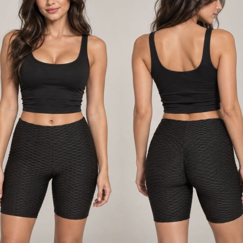 Black Textured Biker Shorts Small High Waisted Activewear